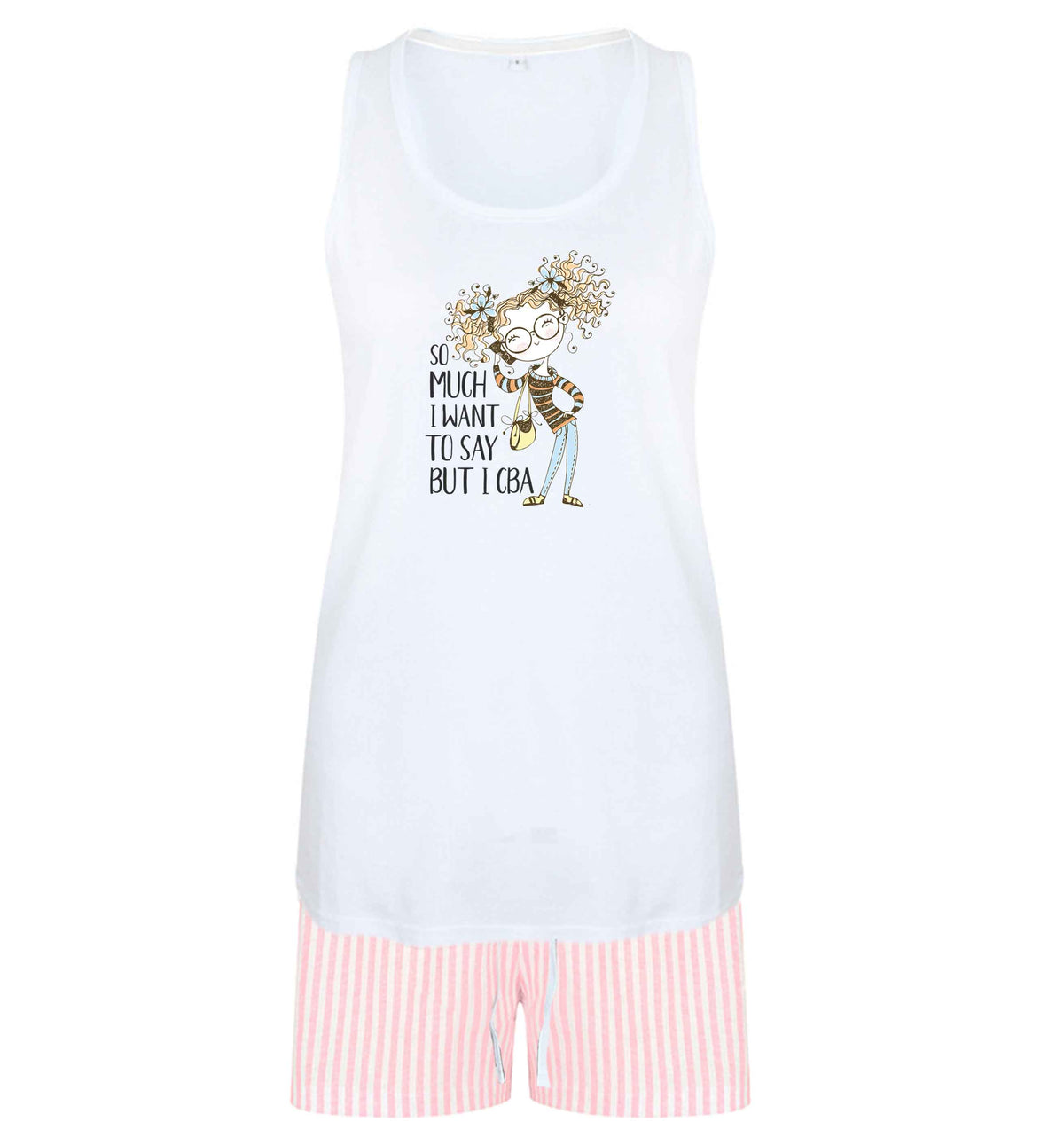 So much I want to say I cba illustration size XL women's pyjama shorts set in pink 