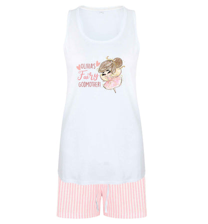 Personalised fairy Godmother - brown hair size XL women's pyjama shorts set in pink 