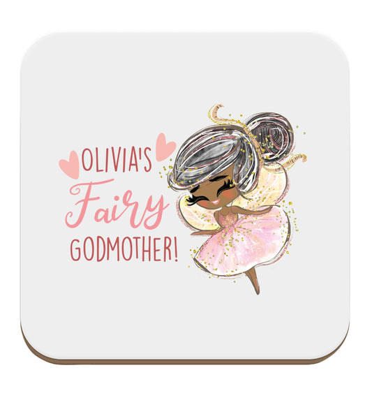 Personalised fairy Godmother - black hair set of four coasters