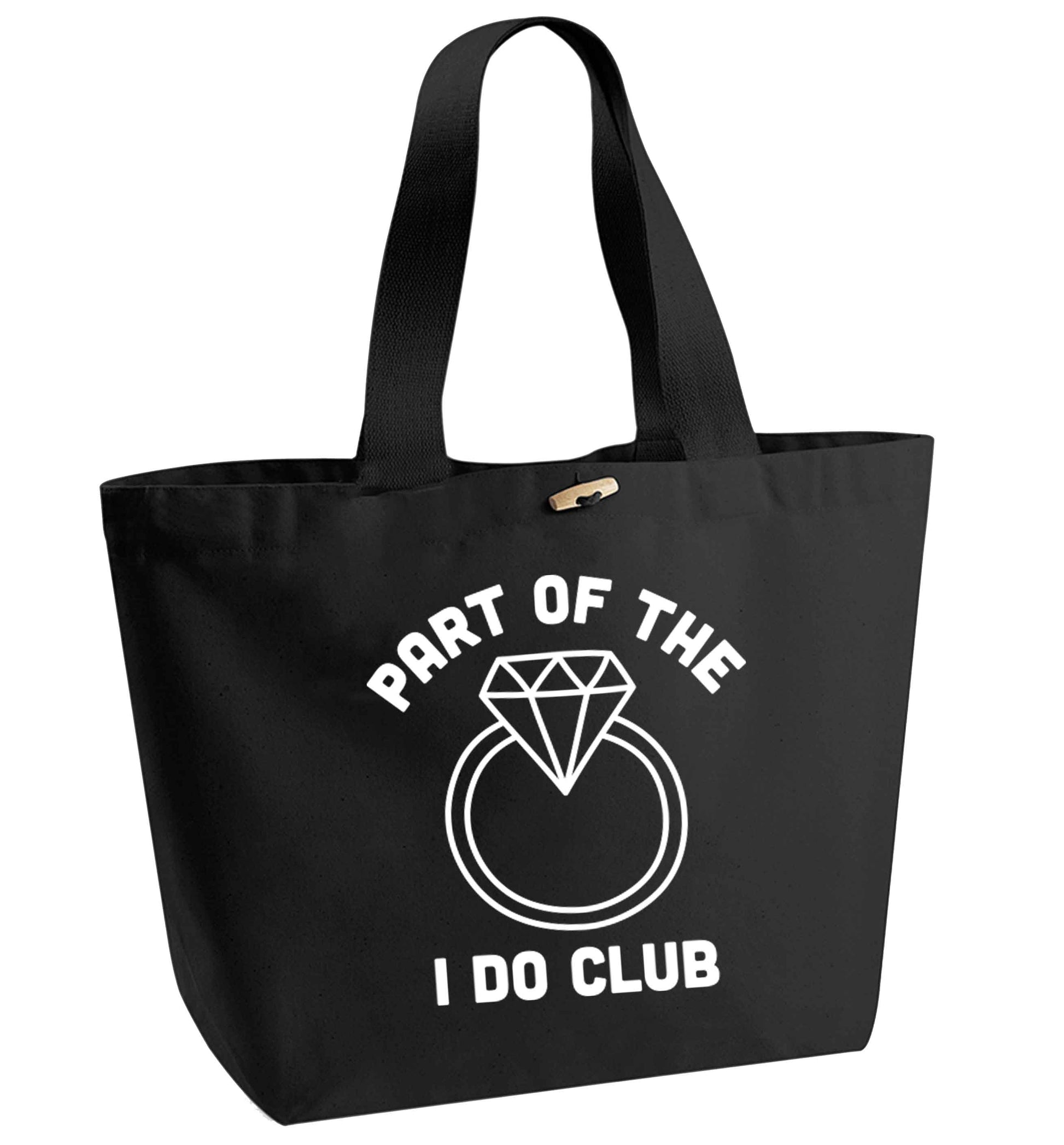 Part of the I do club organic cotton premium tote bag with wooden toggle in black