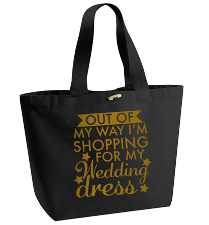 Out of my way I'm shopping for my wedding dress organic cotton premium tote bag with wooden toggle in black