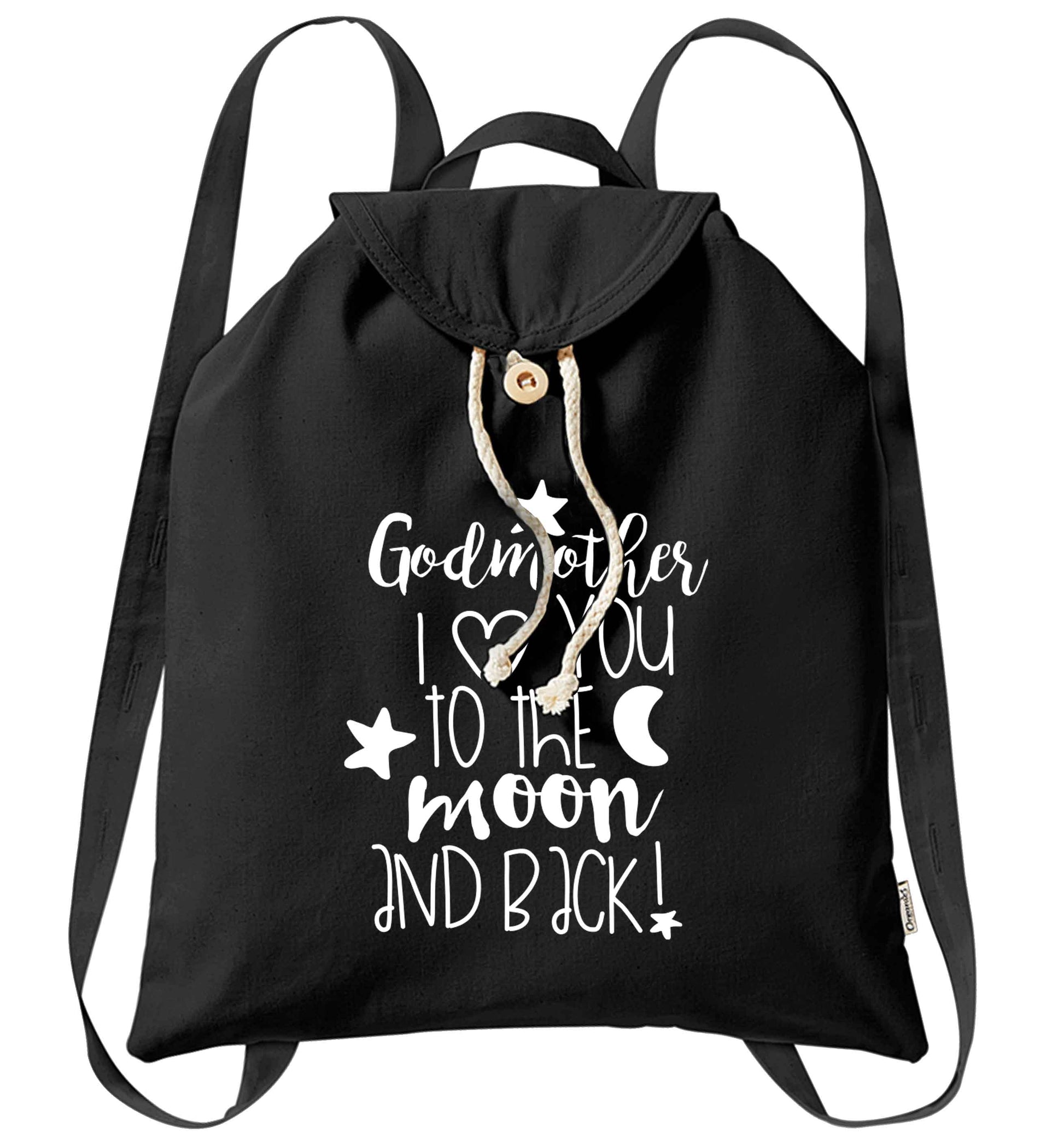 Godmother I love you to the moon and back organic cotton backpack tote with wooden buttons in black