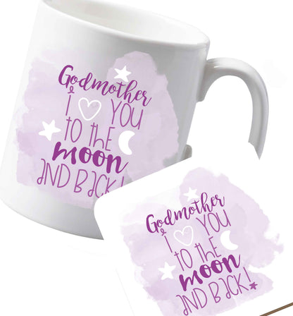 10 oz Ceramic mug and coaster Godmother I love you to the moon and back  both sides