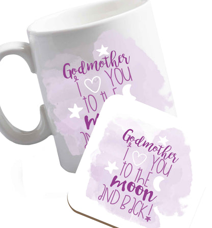 10 oz Godmother I love you to the moon and back  ceramic mug and coaster set right handed