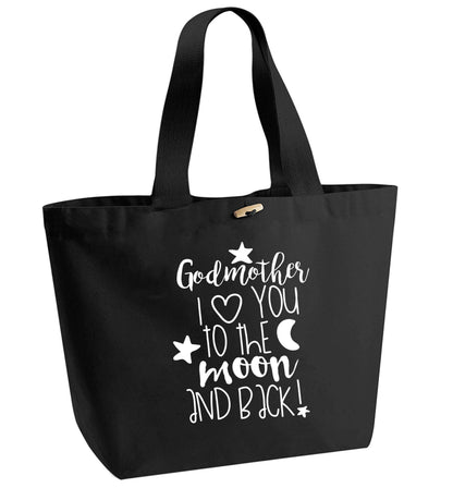 Godmother I love you to the moon and back organic cotton premium tote bag with wooden toggle in black