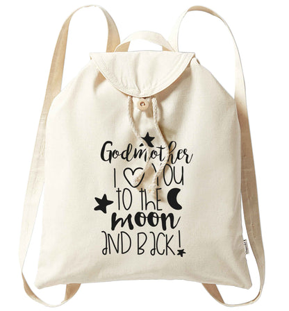 Godmother I love you to the moon and back organic cotton backpack tote with wooden buttons in natural