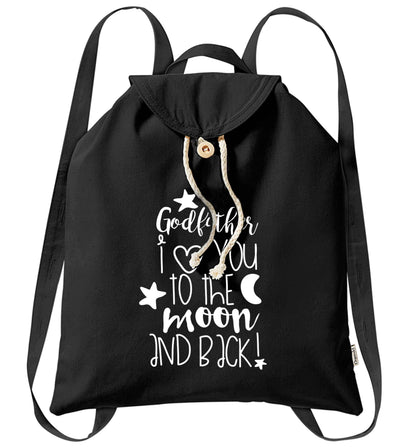 Godfather I love you to the moon and back organic cotton backpack tote with wooden buttons in black