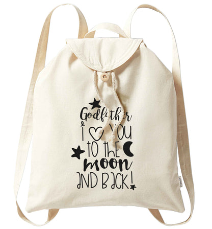 Godfather I love you to the moon and back organic cotton backpack tote with wooden buttons in natural