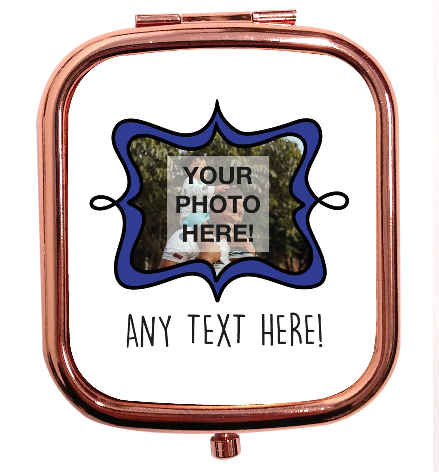 Any Photo or Text Navy Frame rose gold square pocket mirror