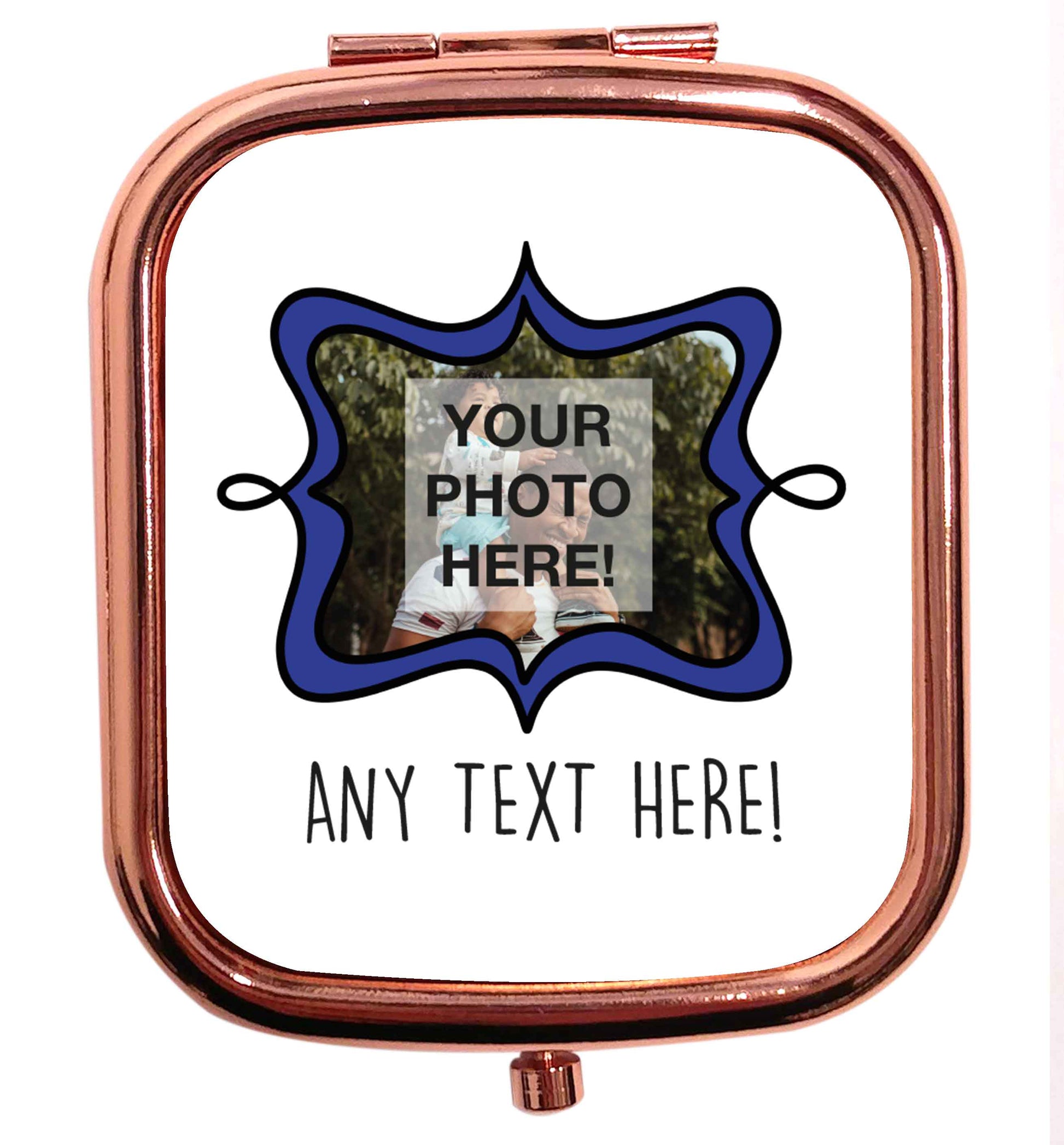 Any Photo or Text Navy Frame rose gold square pocket mirror