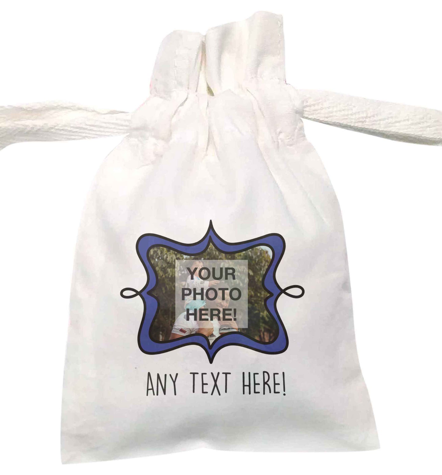 Any Photo or Text Navy Frame  | XS - L | Pouch / Drawstring bag / Sack | Organic Cotton | Bulk discounts available!