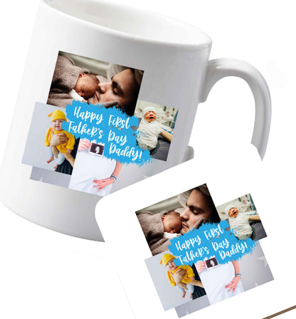 10 oz Ceramic mug and coaster Happy first Father's day photo collage  both sides