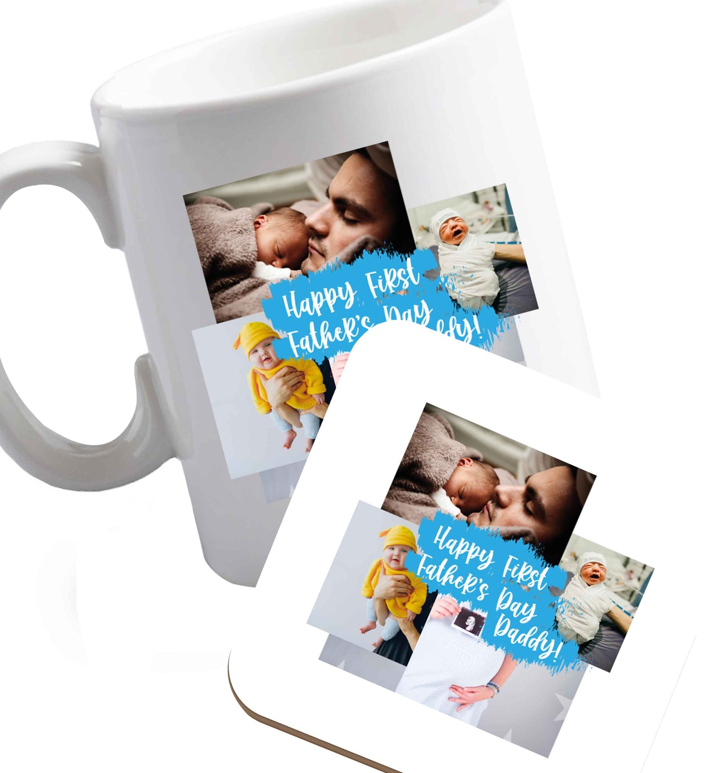 10 oz Happy first Father's day photo collage  ceramic mug and coaster set right handed