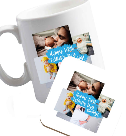 10 oz Happy first Father's day photo collage  ceramic mug and coaster set right handed