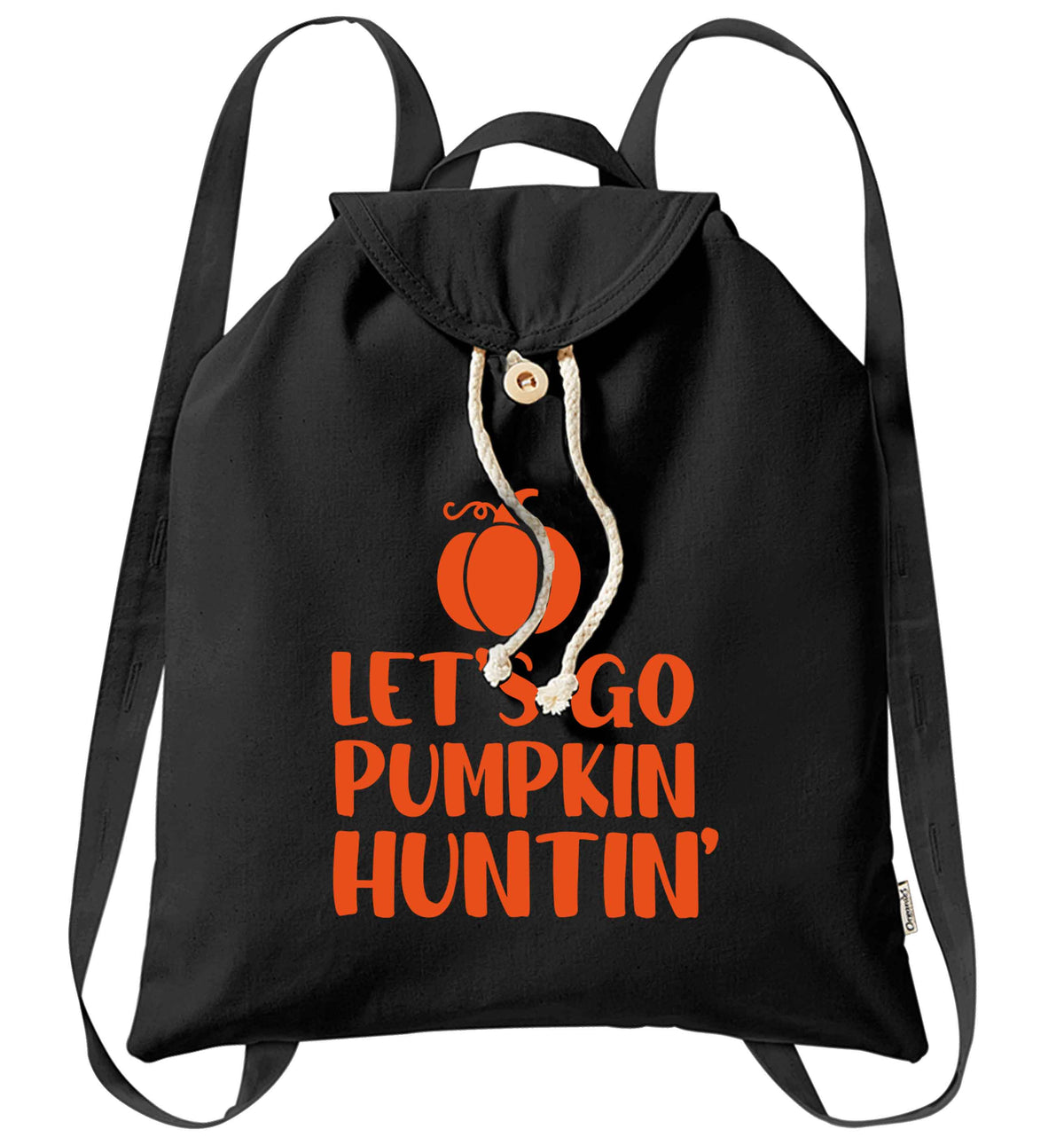 Let's go Pumpkin Huntin'organic cotton backpack tote with wooden buttons in black