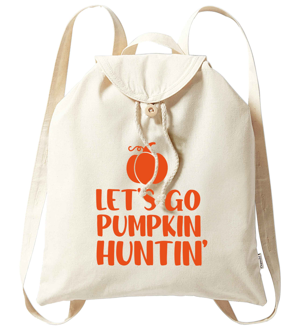 Let's go Pumpkin Huntin'organic cotton backpack tote with wooden buttons in natural