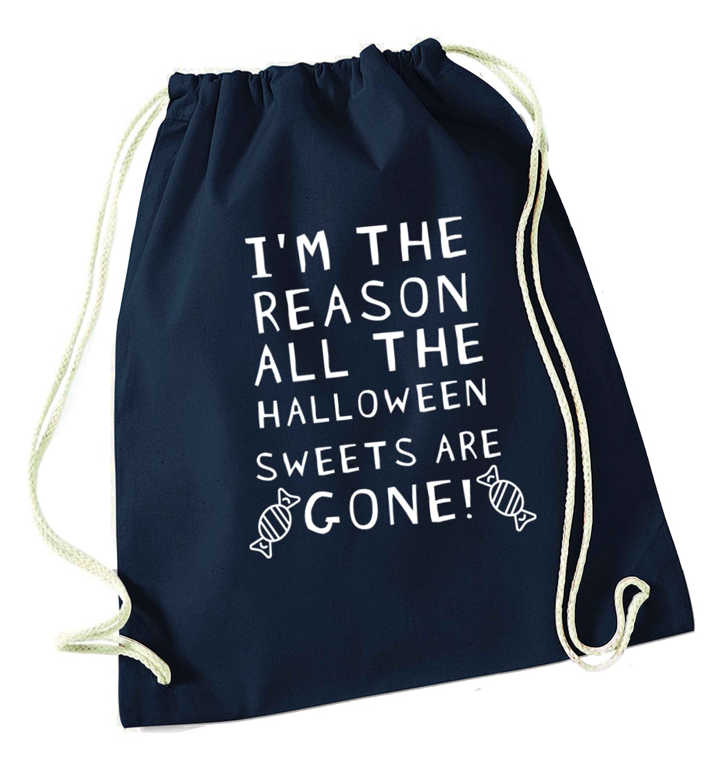 I'm the reason all of the halloween sweets are gone navy drawstring bag