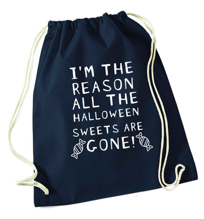 I'm the reason all of the halloween sweets are gone navy drawstring bag