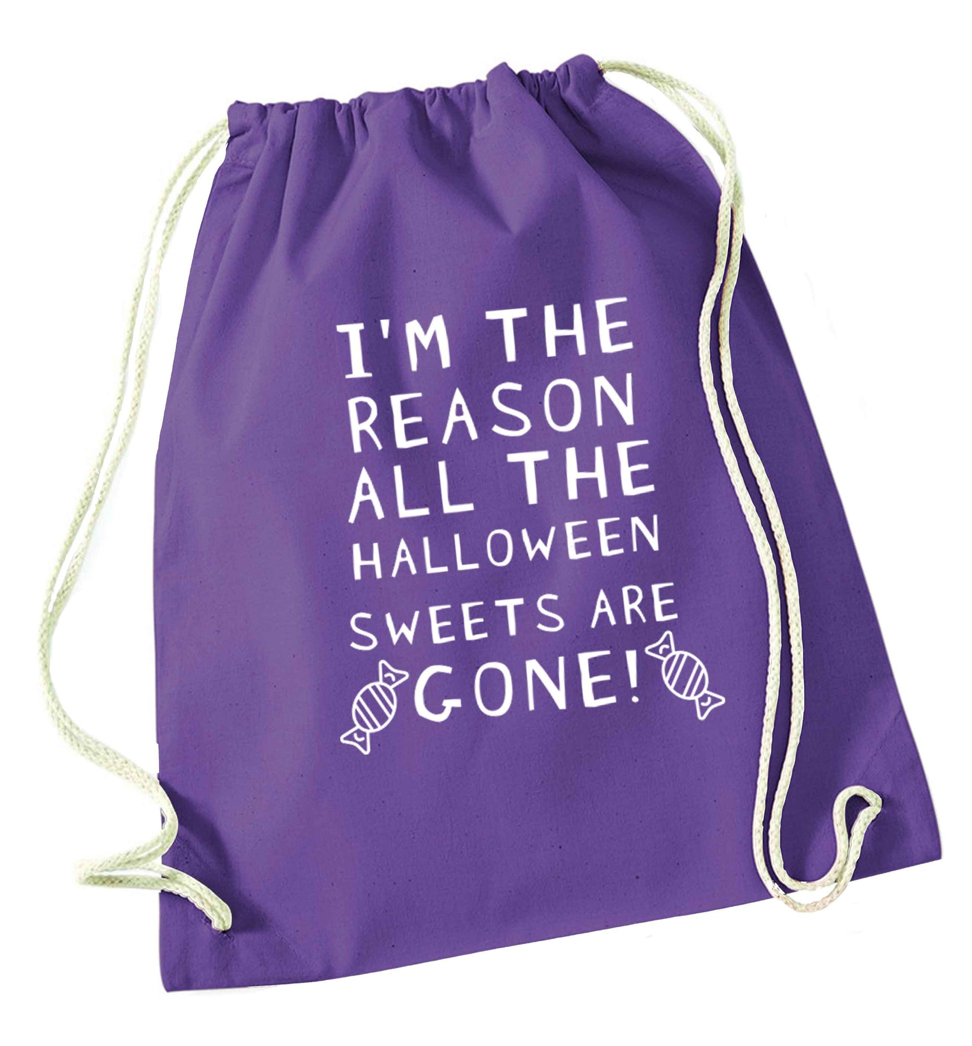 I'm the reason all of the halloween sweets are gone purple drawstring bag