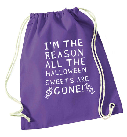 I'm the reason all of the halloween sweets are gone purple drawstring bag