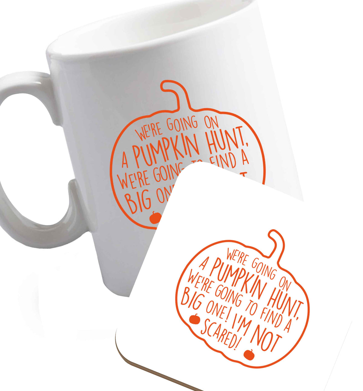 10 oz We're going on a pumpkin hunt ceramic mug and coaster set right handed