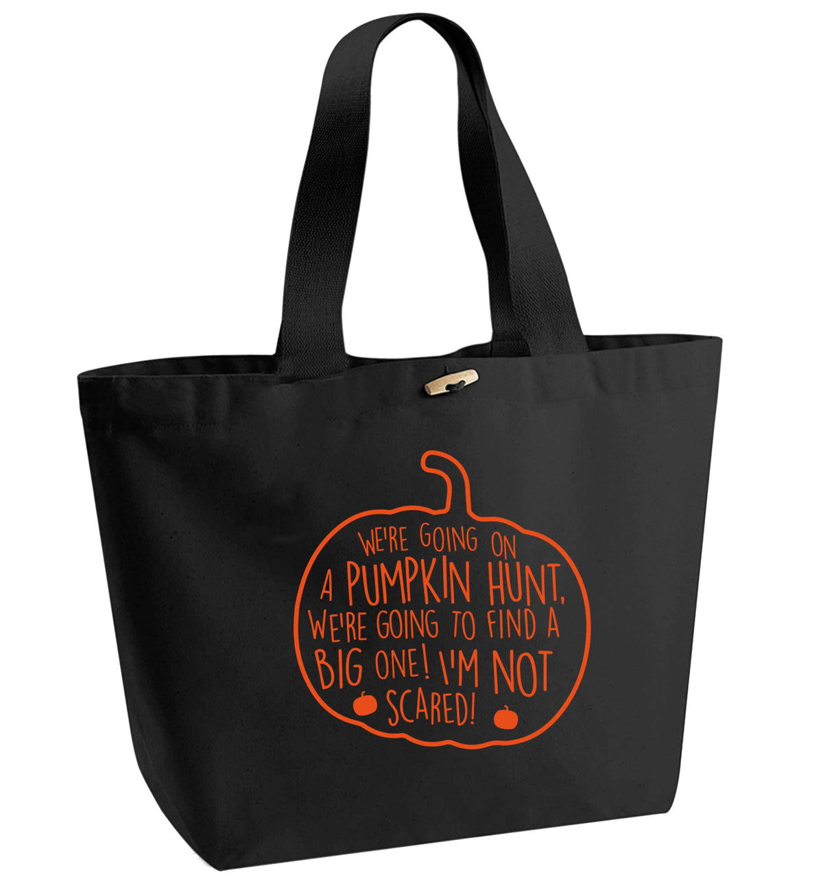 We're going on a pumpkin hunt organic cotton premium tote bag with wooden toggle in black