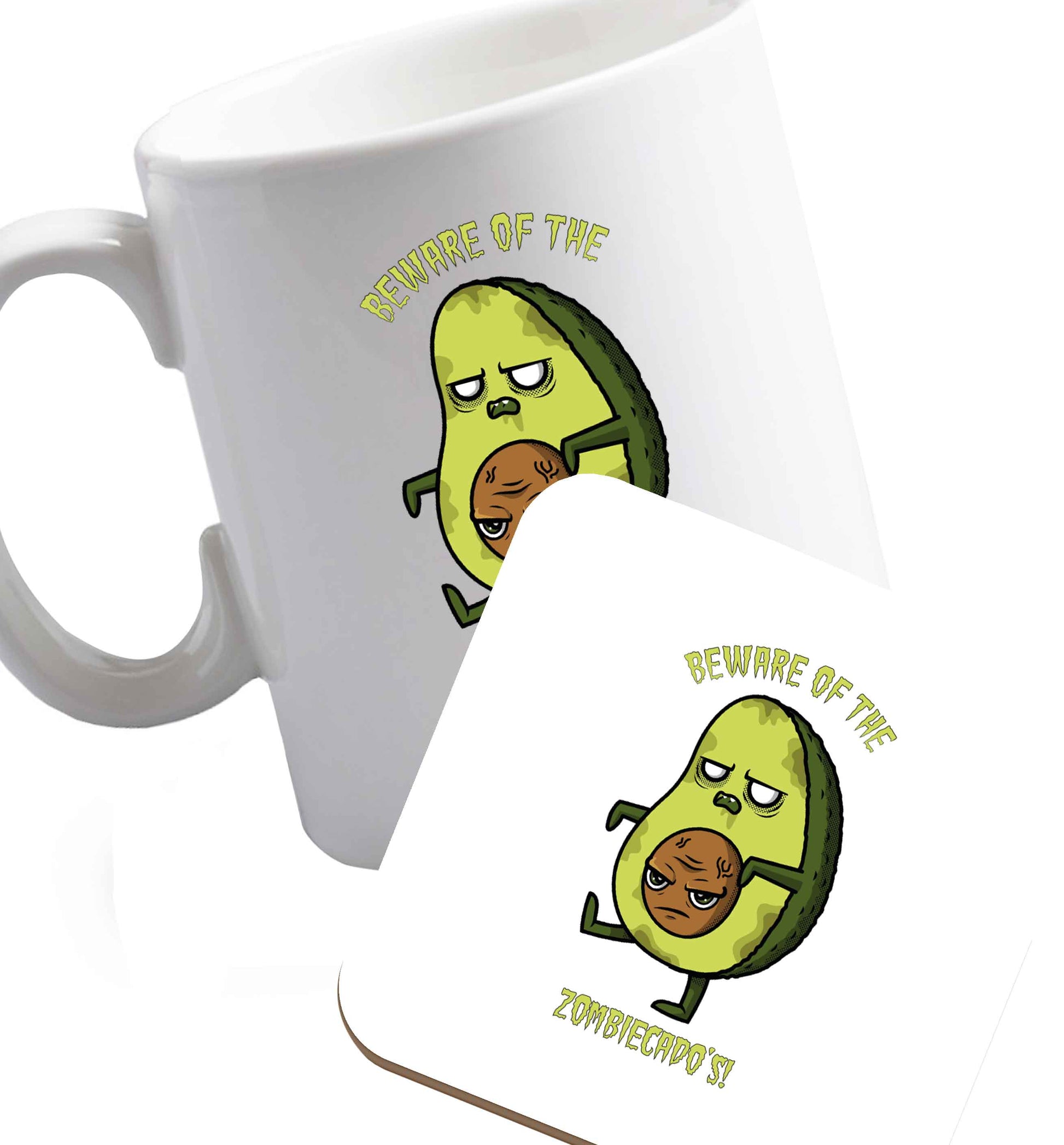 10 oz Beware of the zombicado's ceramic mug and coaster set right handed