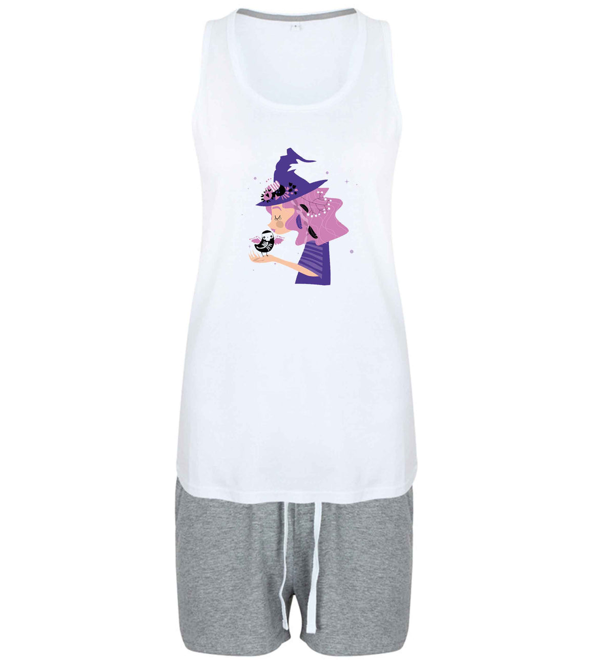 Witch illustration size XL women's pyjama shorts set in pink 