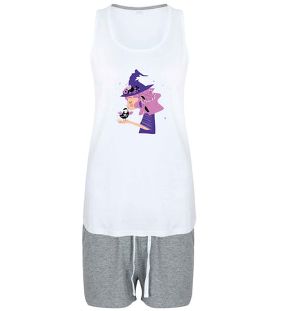 Witch illustration size XL women's pyjama shorts set in pink 