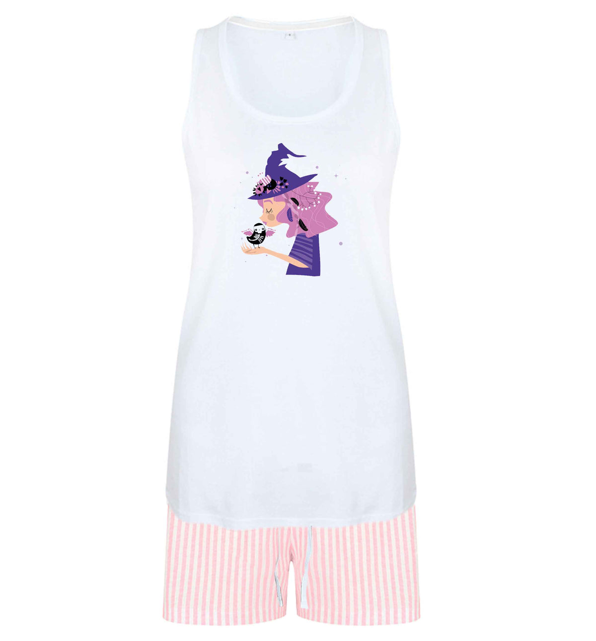 Witch illustration size XL women's pyjama shorts set in pink 