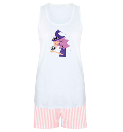 Witch illustration size XL women's pyjama shorts set in pink 