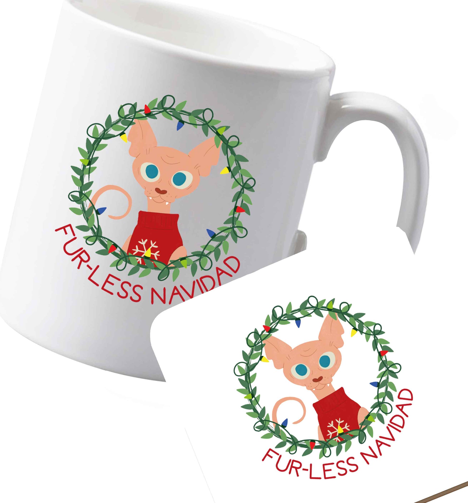 10 oz Ceramic mug and coaster Furr-less navidad  both sides