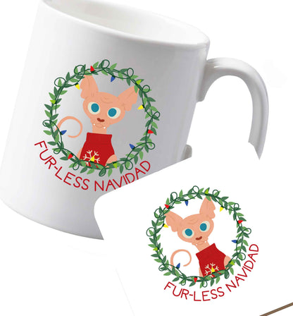 10 oz Ceramic mug and coaster Furr-less navidad  both sides