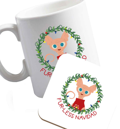 10 oz Furr-less navidad  ceramic mug and coaster set right handed