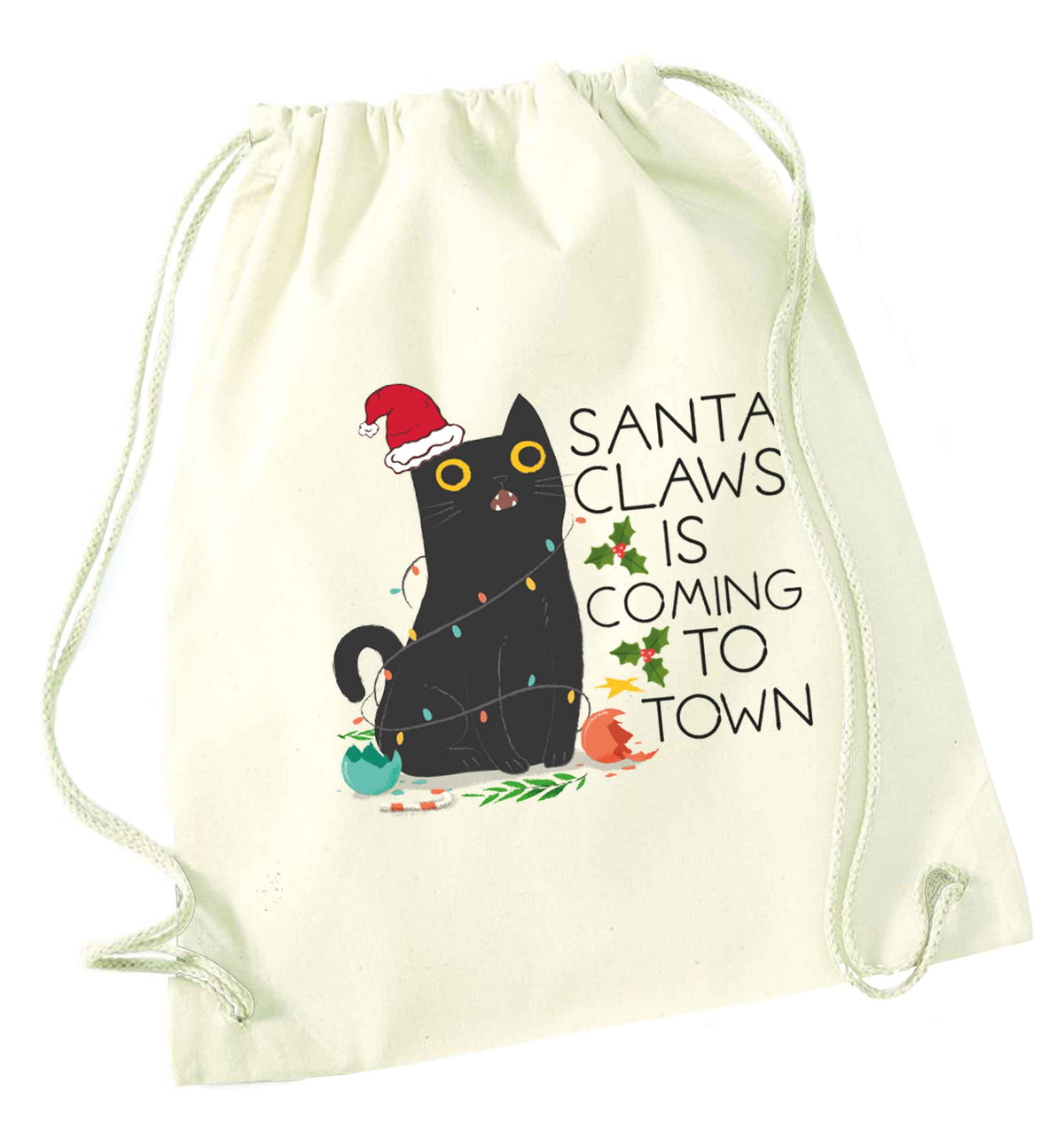 Santa claws is coming to town  natural drawstring bag