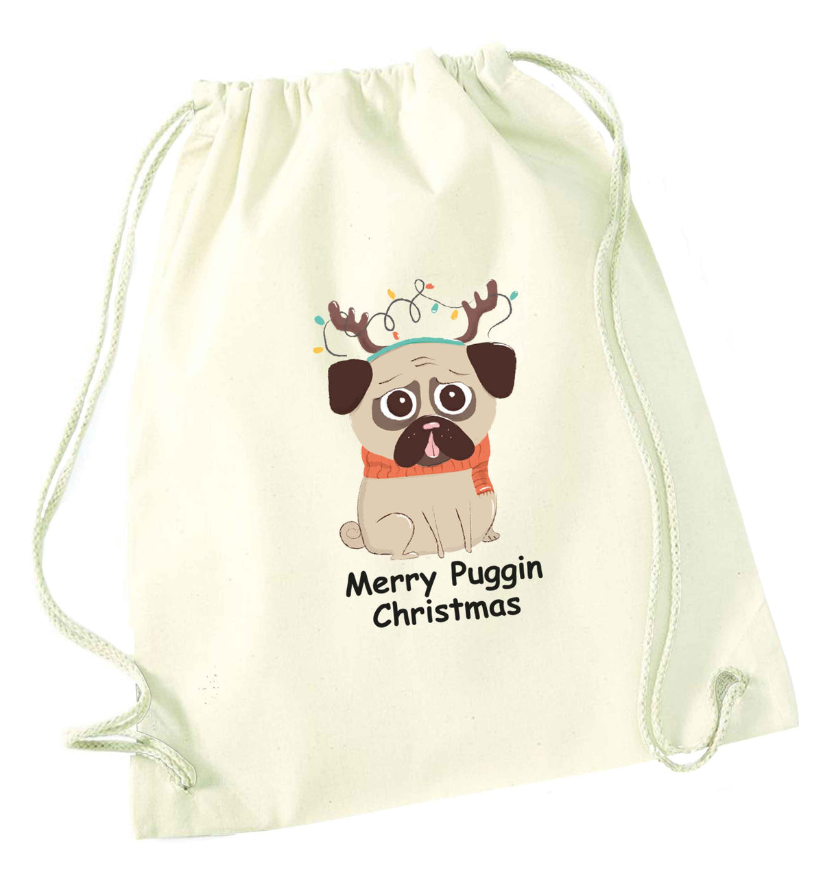 Merry puggin' Chirstmas natural drawstring bag