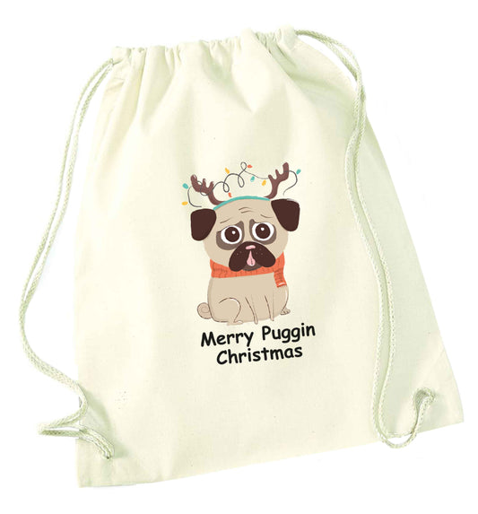 Merry puggin' Chirstmas natural drawstring bag