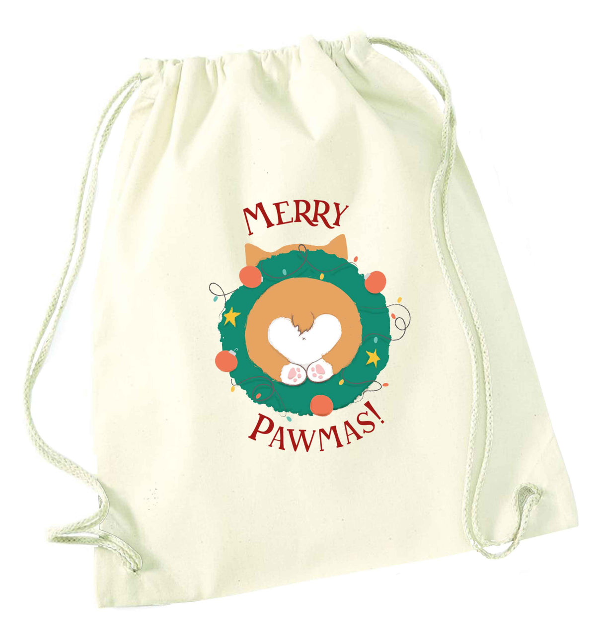 Merry Pawmas natural drawstring bag