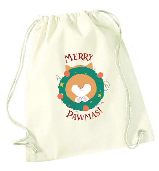 Merry Pawmas natural drawstring bag