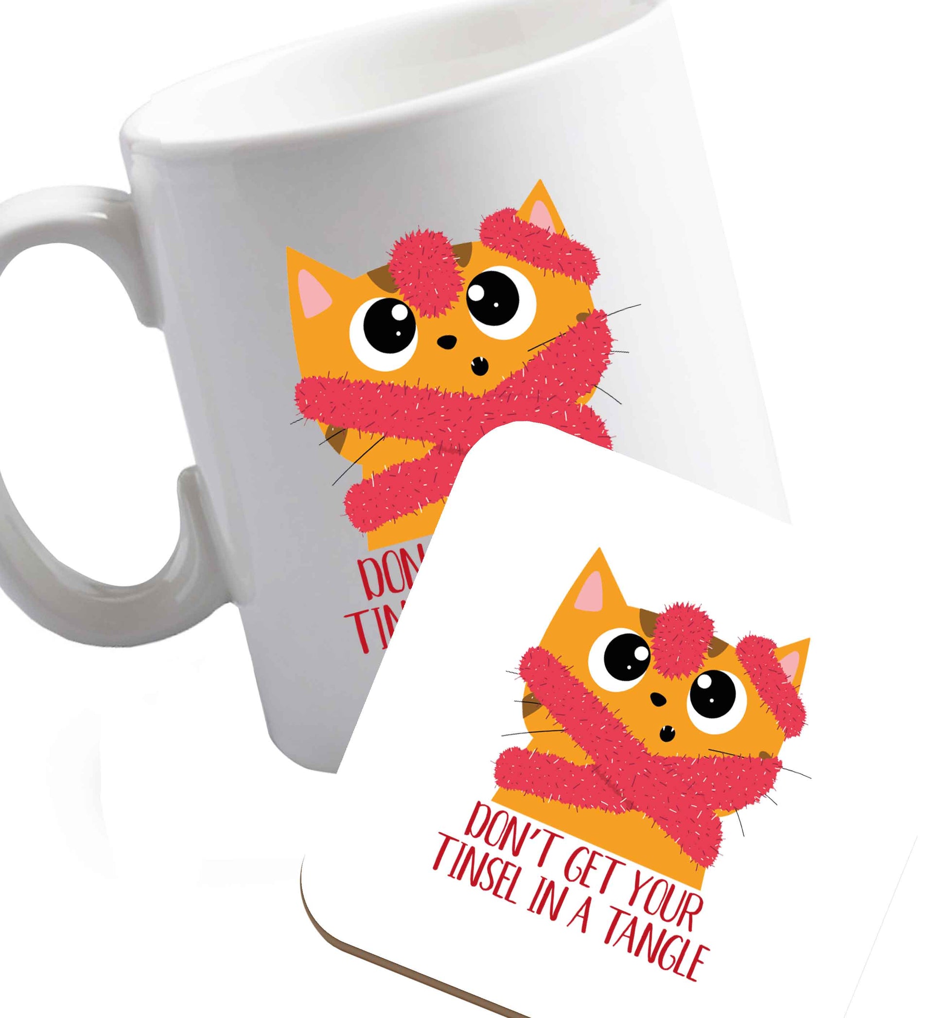 10 oz Don't get your tinsel in a tangle ceramic mug and coaster set right handed