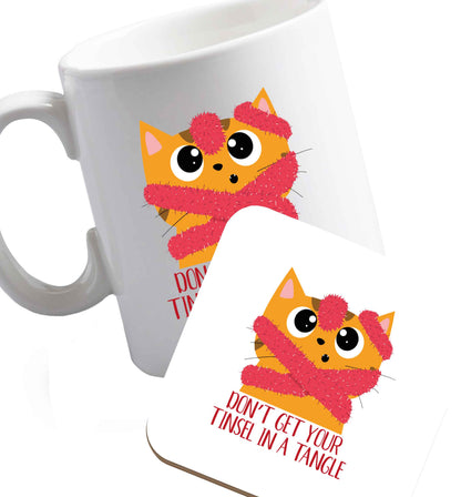 10 oz Don't get your tinsel in a tangle ceramic mug and coaster set right handed