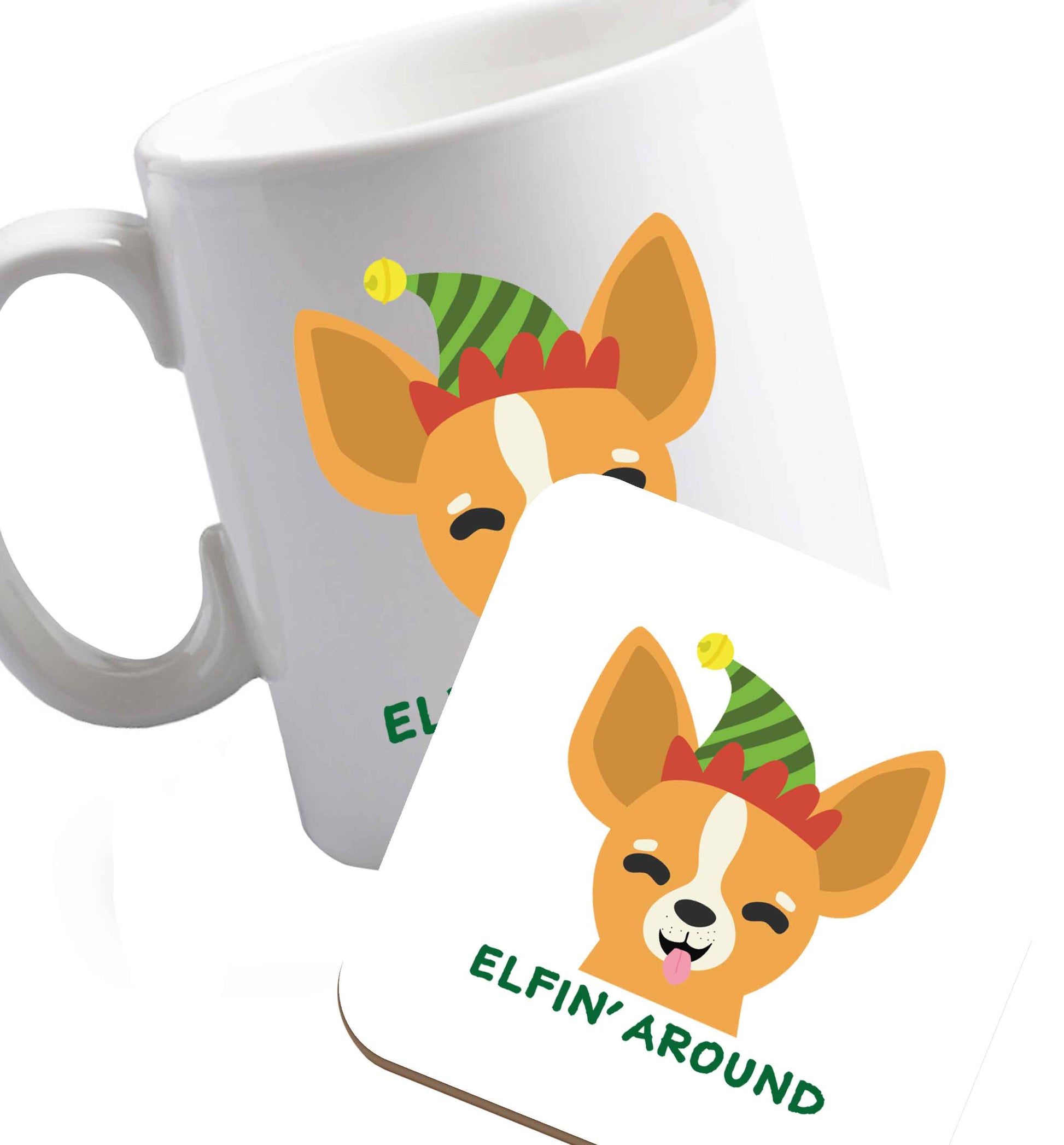 10 oz Elfin' around ceramic mug and coaster set right handed