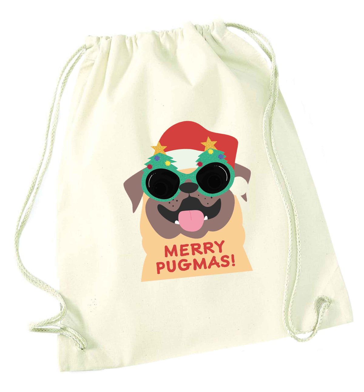 Merry Pugmas natural drawstring bag
