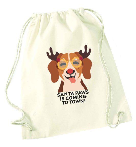 Santa paws is coming to town natural drawstring bag