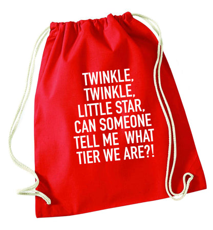 Twinkle twinkle, little star does anyone know what tier we are? red drawstring bag 
