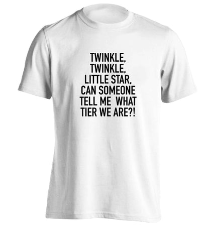 Twinkle twinkle, little star does anyone know what tier we are? adults unisex white Tshirt 2XL