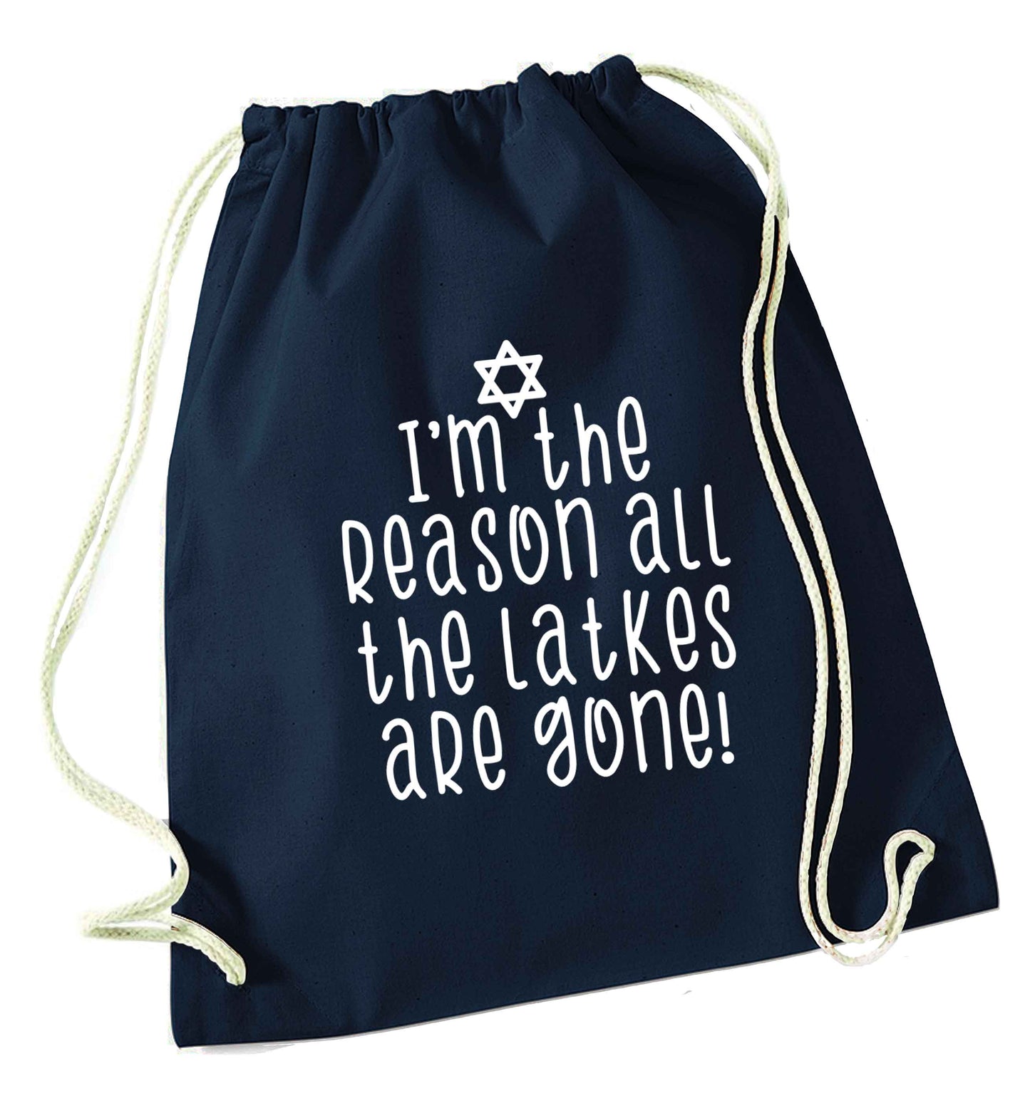 I'm the reason all the latkes are gone navy drawstring bag