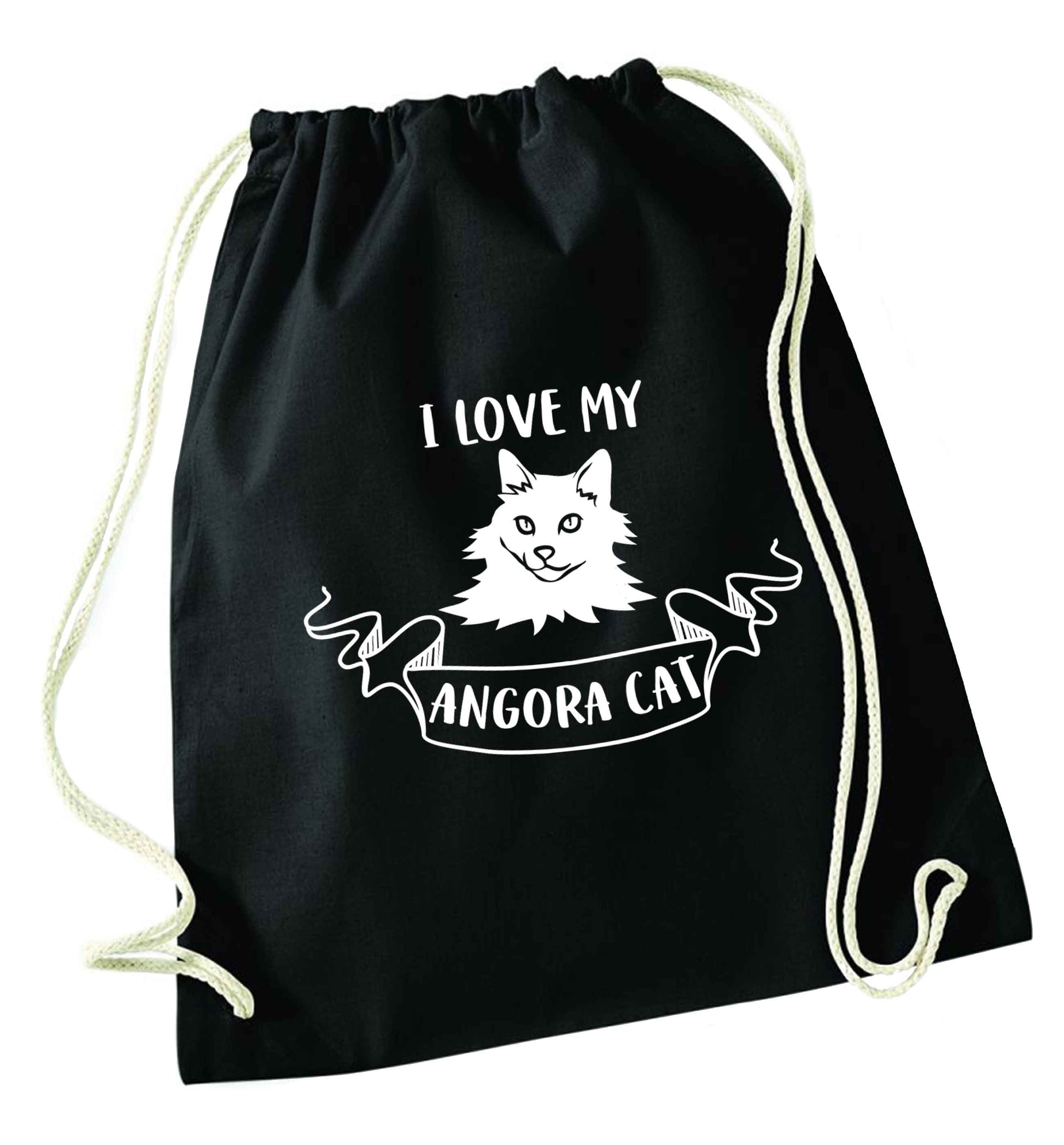 I love my angora cat black drawstring bag