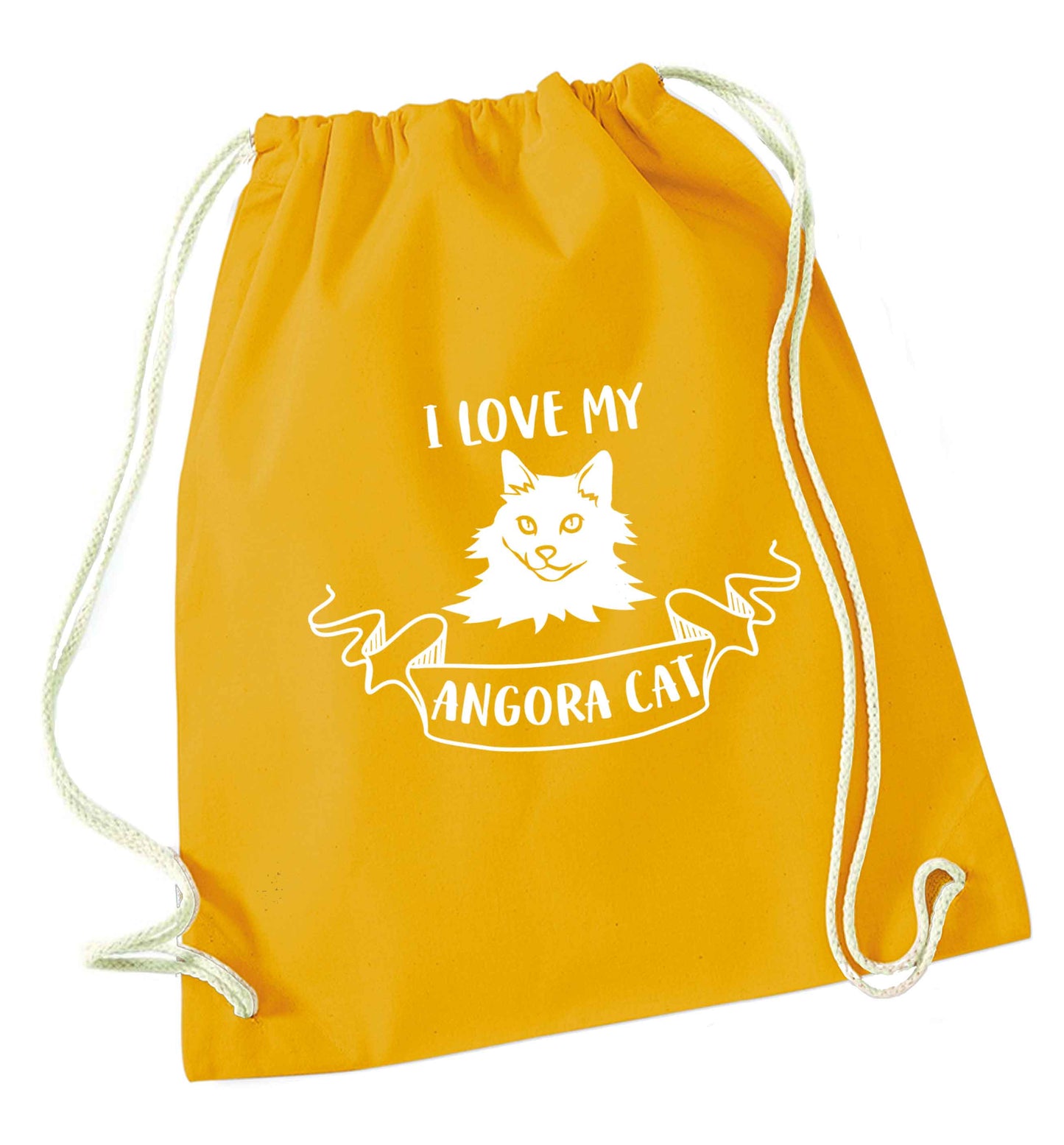 I love my angora cat mustard drawstring bag