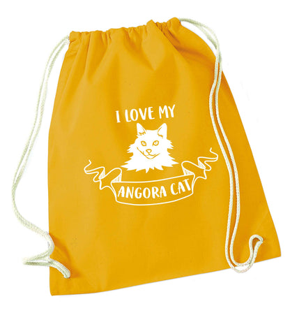 I love my angora cat mustard drawstring bag